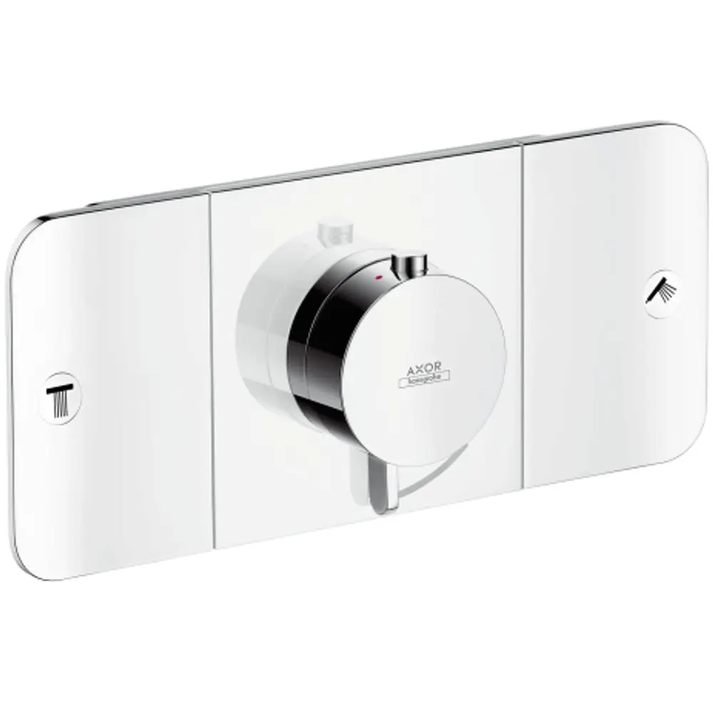 Thermostatmodul von AXOR mit runder, glänzender Oberfläche und zwei separaten Steuerelementen für verschiedene Verbraucher, montiert auf einer weißen Fläche.